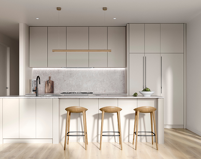 Modern kitchen design featuring sleek cabinetry, a minimalist island, and wooden bar stools for a stylish urban aesthetic.
