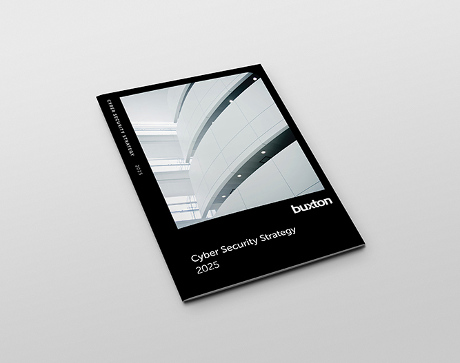 Cover of the 2025 Cyber Security Strategy report by Buxton, featuring a modern architectural design.