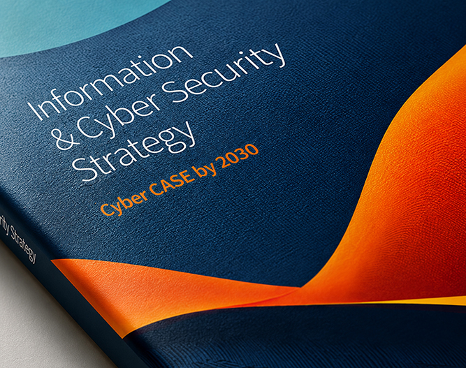 Cover of a report titled "Information & Cyber Security Strategy: Cyber CASE by 2030" featuring a modern design.