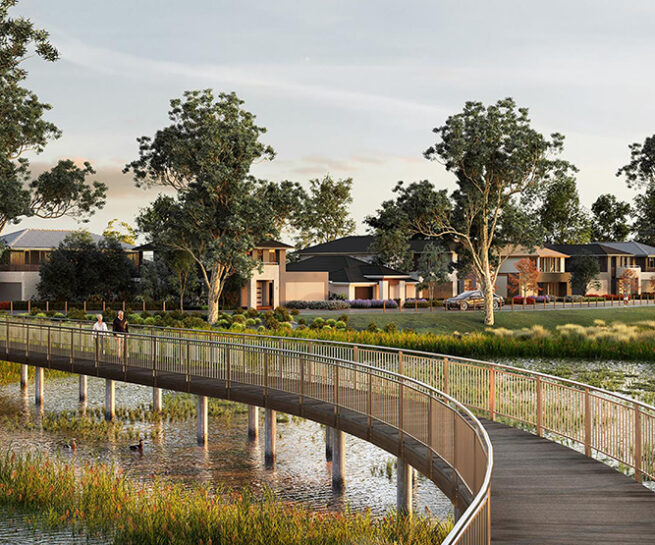 A winding boardwalk leads through lush greenery and water, showcasing modern homes in a serene urban setting.