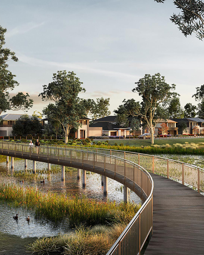 A winding boardwalk leads through lush greenery and water, showcasing modern homes in a serene urban setting.