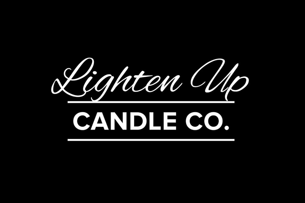 Stylish logo for Lighten Up Candle Co. featuring elegant typography on a black background.
