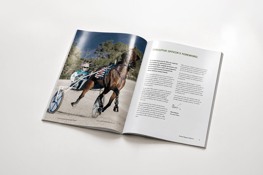 Harness racing scene with a driver and horse, alongside the executive officer's foreword in an annual report.